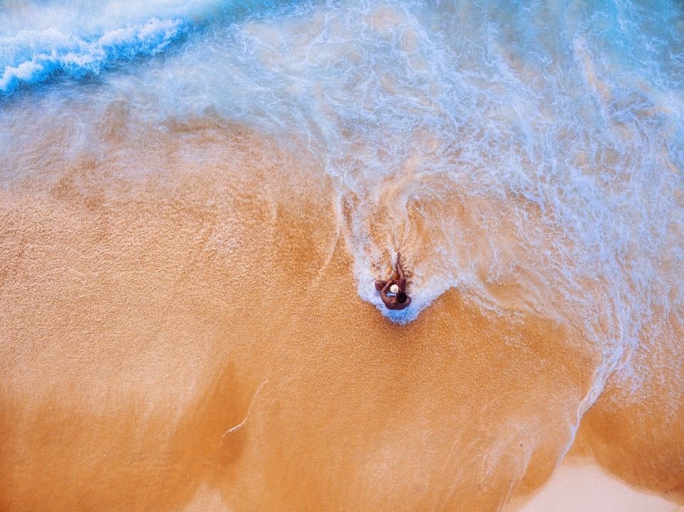 Aerial view of waves on a sandy beach